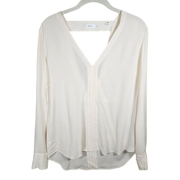 A.L.C. Women’s Ivory Silk Blouse 4 V-Neck Quiet Luxury Old Money Clean Girl - Picture 2 of 11
